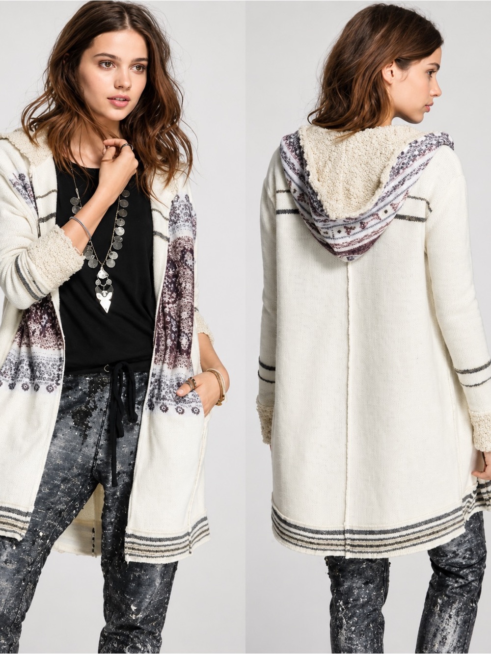 Free People Alpine Escape Hooded Wool Blend Sweater Coat M